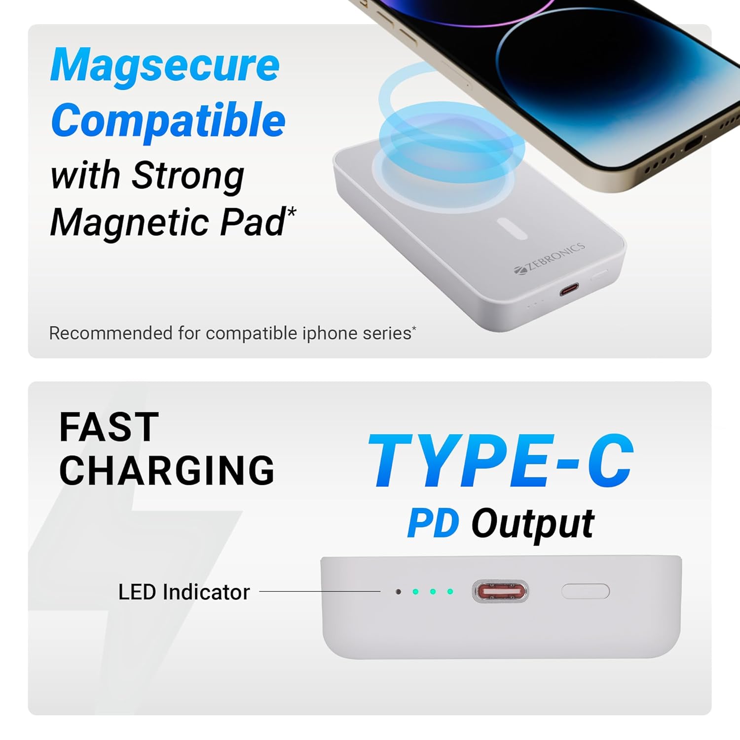 ZEBRONICS MW63 Wireless Power Bank, 10000 mAh, Rapid Charging with Magsafe. - The Tech Store